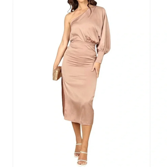 Petal & Pup Womens Regale One Shoulder Drape Midi  Latte Taupe Women’s size XS - Picture 1 of 16